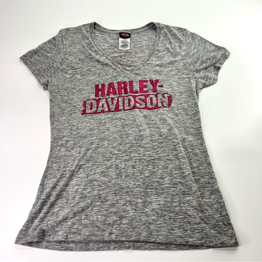 Harley Davidson El Paso TX Pink Glitter Graphic V-Neck Tee Heathered Grey M